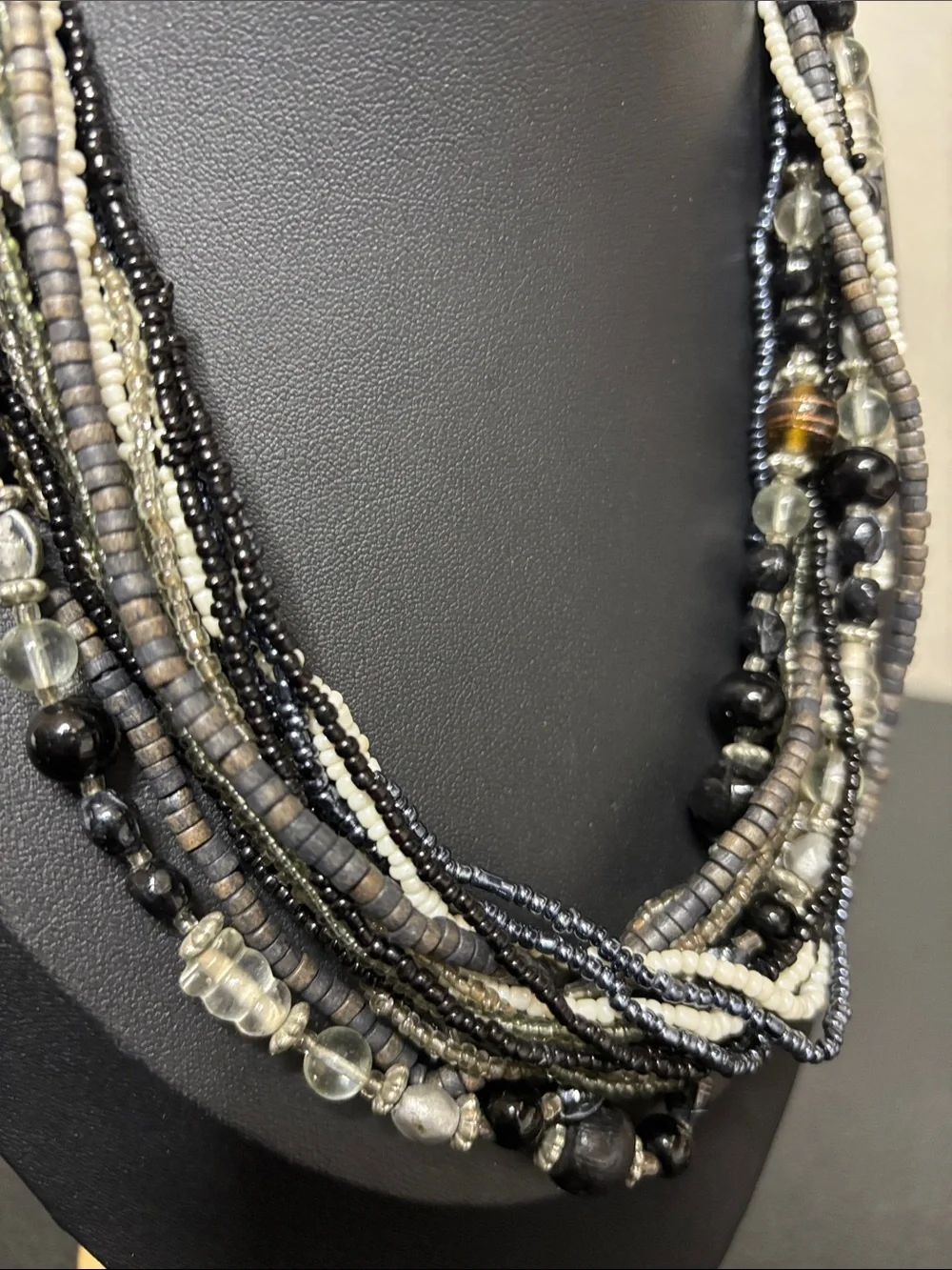 Multi-Strand Mixed Media Glass Wood  Black Gray Beaded Statement Necklace